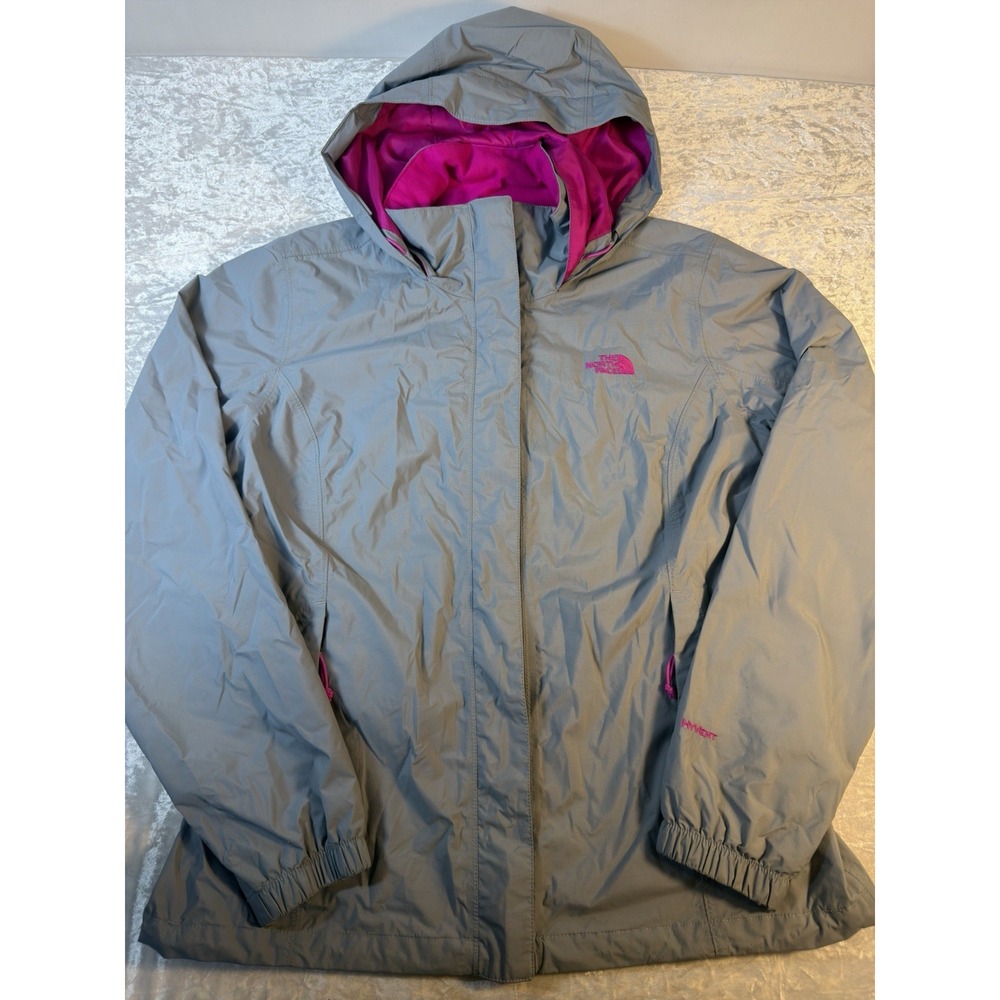 The North Face Women's Large HyVent Rain Jacket Hooded Gray Pink Waterproof